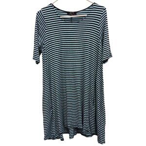 Comfy USA Lagenlook Tunic Top Womens Small Black Blue Striped Short Sleeve Tee